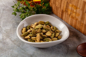 Green dry cardamom heap spices aroma