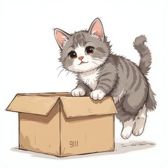 Cute kitten playing and exploring a cardboard box, capturing the essence of playful curiosity and joy.