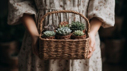 A woman holding a woven basket with tiny potted succulents as a gentle green present