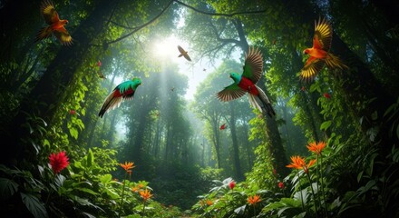 A vibrant jungle scene featuring colorful birds flying amidst lush greenery and sunlit trees canopy view