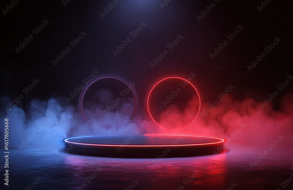 Poster 3d render, abstract background with illuminated neon red and blue round frames in smoke on an empty 