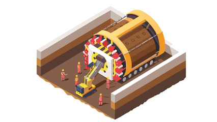 Isometric illustration of a tunnel boring machine with workers and excavator in a construction site