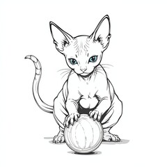 Playful kitten illustrated with a ball, showcasing its curious nature and charming features in a whimsical style.