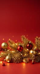 Golden Christmas Tree with Red and Gold Ornaments on a Red Background
