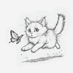 Playful kitten sketches chasing a butterfly, showcasing a whimsical and cute animal illustration.