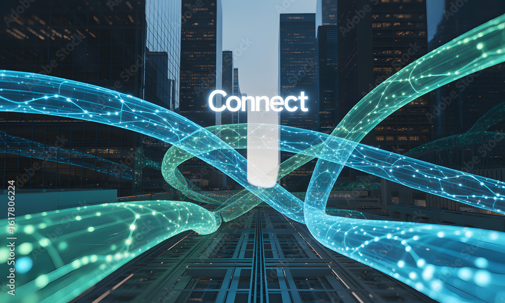 Poster digital connectivity concept in futuristic urban landscape with glowing data streams