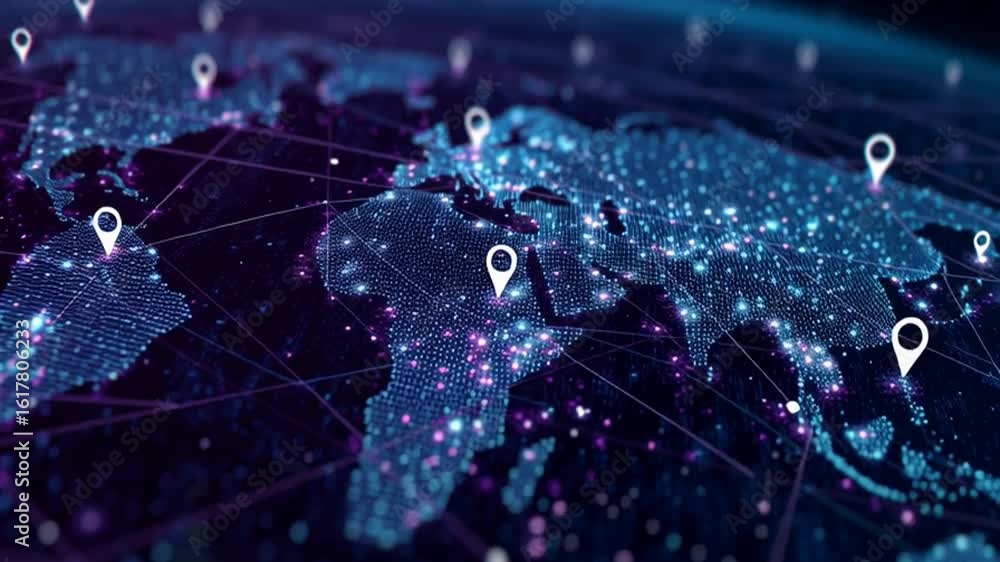 Poster a blue digital map of the world with pins at various locations, representing global connectivity and