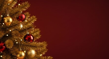Golden Christmas Tree with Ornaments on Burgundy Background