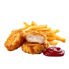 3 chicken nuggets and french fries and sauce

