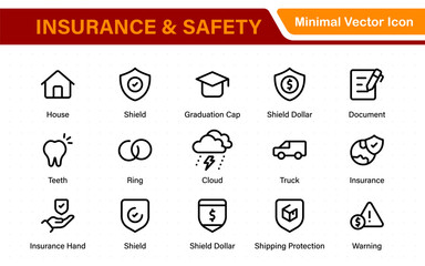 Insurance elements - minimal thin line web icon set. Insurance editable stroke symbols collection. Life, Car, House, Care, Money Insurance.