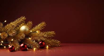 Festive Christmas Decoration with Golden Twigs and Red Ornaments