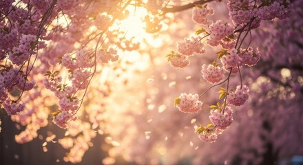 Sunlight shining through the cherry blossom tree with pink petals creating a beautiful spring scene view