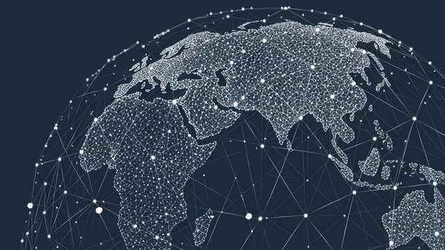 A blue background with an abstract white line drawing of the Earth, connecting multiple countries and cities in different parts of the world