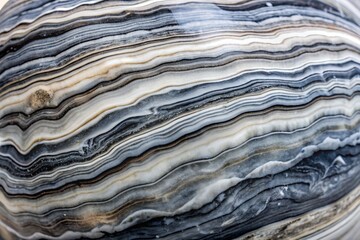Close up of a banded onyx stone with swirling layers of gray, white, and black