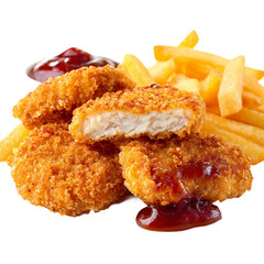 3 chicken nuggets and french fries and sauce
