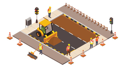 Isometric view of road construction site with workers tractor and traffic lights in operation area