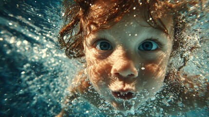 A child swimming under pool water, playful moment 