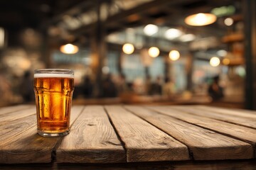 A pint of beer sits on a wooden table against a blurred bar backdrop