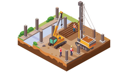 Isometric view of construction site with crane, workers, and foundation pillars being installed