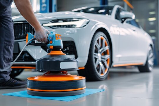 A person uses a motorized polishing tool on a white car's front bumper in a garage setting. The tool rests on a blue microfiber cloth