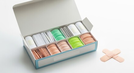 First aid kit contents organized in a box isolated on white background