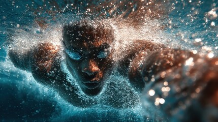 Backstroke swimmer seen from beneath the water
