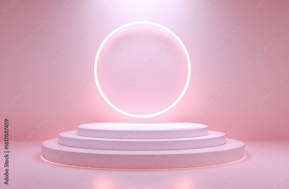 Poster 3d render, an abstract minimalistic background with a podium and a glowing light ring on a pink past