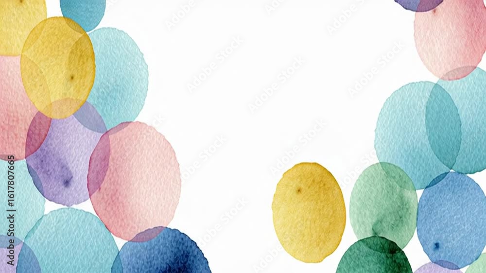 Poster a background with large, round watercolor dots in various pastel colors on the left side of an empty