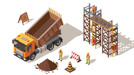 Isometric construction site featuring a dump truck scaffolding workers and safety equipment in a work zone