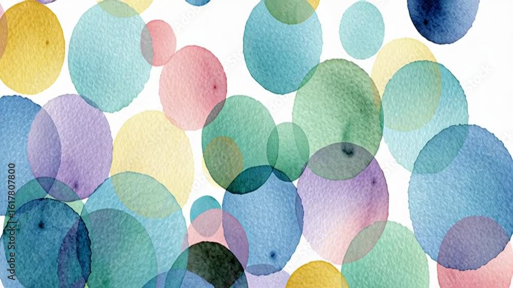 Poster a background with large, round watercolor dots in various pastel colors on the left side of an empty