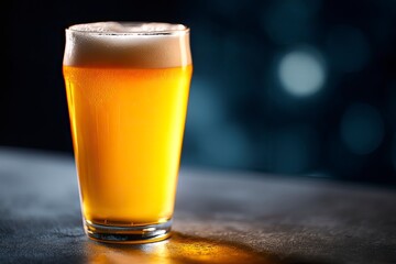 A pint of golden beer with white foam sits on a wet dark surface against a blurry background