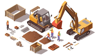 Isometric construction site with excavators workers and building materials displayed in detail view
