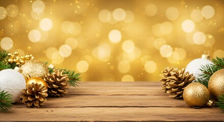 Christmas Decorations on Wooden Table with Bokeh Background