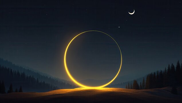 3D render of a glowing yellow ring on a dark background with a night sky and crescent moon. An abstract round shape is illuminated in the center. The night landscape features a.