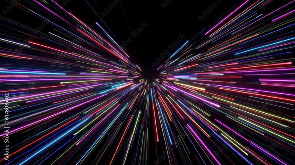 Poster 3d render, abstract background with neon glowing lines in motion on a black backdrop