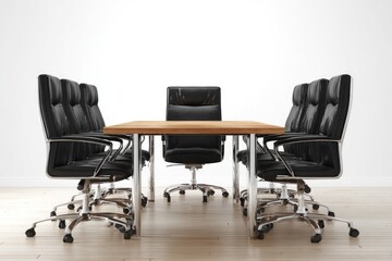 Modern conference room with wooden table and black leather chairs
