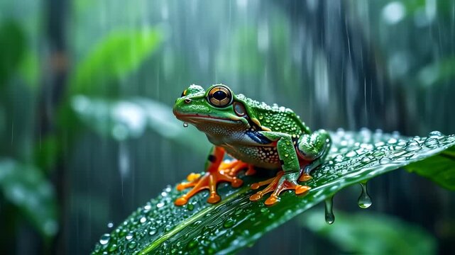 Green tree frog on wet leaf during rainforest rain