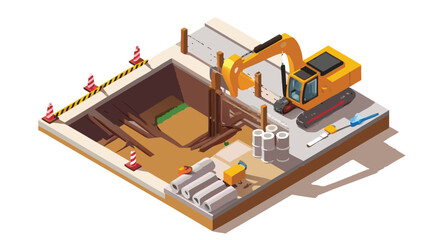 Isometric view of construction site with excavator trench pipes and safety cones visible in the image