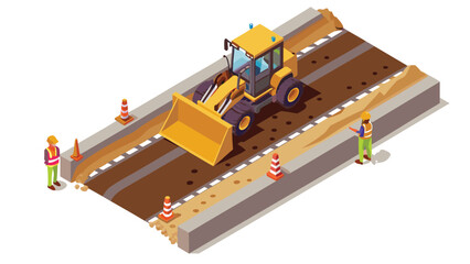 Isometric view of a construction site with a bulldozer and workers on a road project scene design