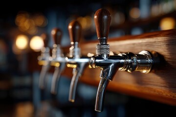 A row of polished beer taps on a wooden bar with blurred background lights