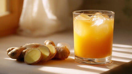 Fresh ginger root with orange drink and ice in glass on table  