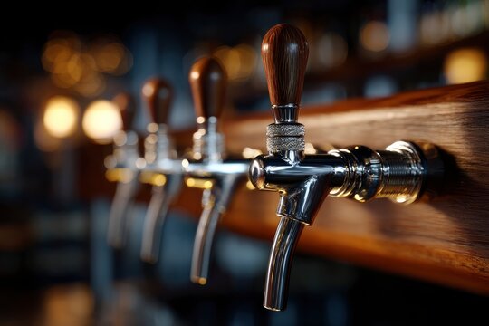 A row of polished beer taps on a wooden bar with blurred background lights