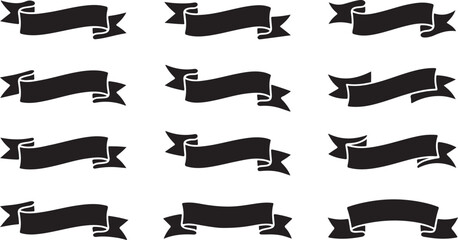 Ribbon set. Tape blank black glyph collection, decorative silhouette icons. Vintage outline design, ribbons sign style. Web icon kit of text banner tapes