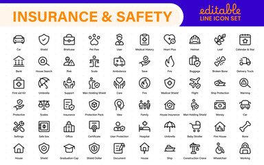 Insurance elements - minimal thin line web icon set. Insurance editable stroke symbols collection. Life, Car, House, Care, Money Insurance.