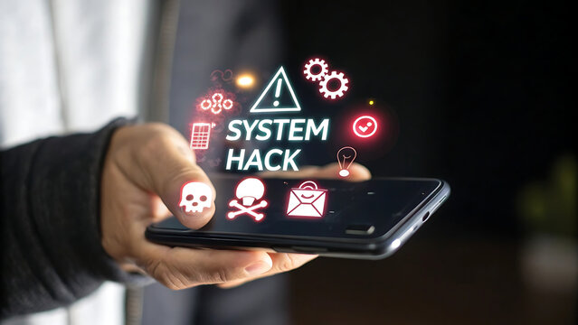Person holding a smartphone displaying system hack warning icons and text