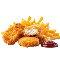 3 chicken nuggets and french fries and sauce
