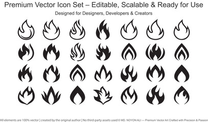 Collection of black flame icons on white background