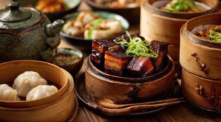 A rustic wooden table displays various Asian dishes, including steamed dumplings and braised pork belly in wooden steamers
