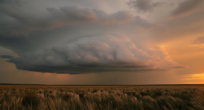 A massive rotating storm cloud gathers over a vast prairie during a dramatic golden hour sunset, showcasing the raw power of nature