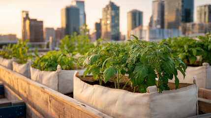 Rooftop garden with tomato plants in urban cityscape at sunset  